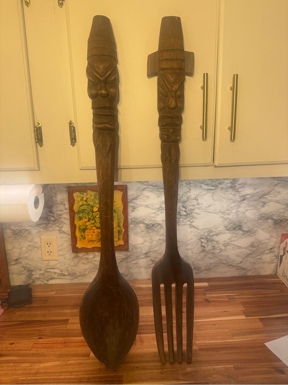 Hand-Carved Wooden Giant Tiki Spoon and Fork Wall Decor - Brown